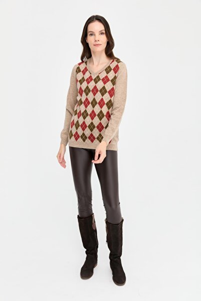 Desen Triko Beige Women's Woolen Sweater - V-Neck and Baklaval