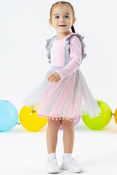 Breeze Girl's Long Sleeve Dress with Pompom and Tulle 1.5-5 Years, Powder