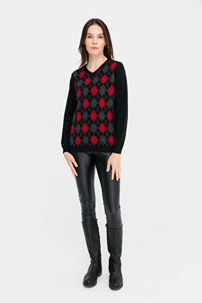 Desen Triko Women's V-Neck Baklaval Wool Sweater Black