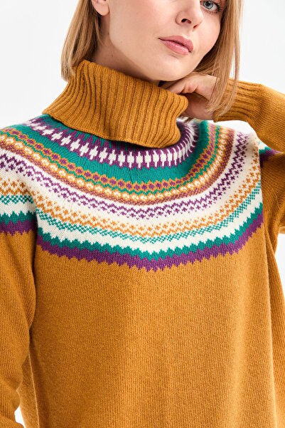 Desen Triko Women's Full Turtleneck Wool Sweater Mustard