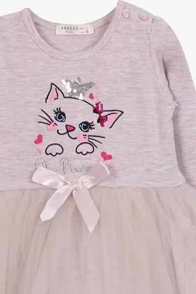 Breeze Girl's Long Sleeve Dress, Kitten Embroidered Sequin, 1.5-5 Years, Beige Melange