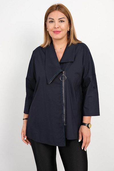 Gentleman Horses Oversize Dark Blue Sports Blouse with a Zipper on the Front with a Long Short Cut