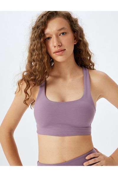 Koton Sports Bra - Back Detailed, Covered Soft Button, U-Neck, Slim Fit Interlock