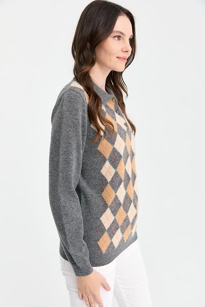 Desen Triko Smoke Colored Women's Polo Collar Wool Sweater - Beaked Front
