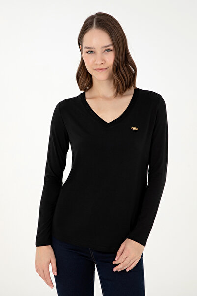 U.S. Polo Assn. سويت شيرت نسائي أسود برقبة على شكل حرف V 50289542-VR046