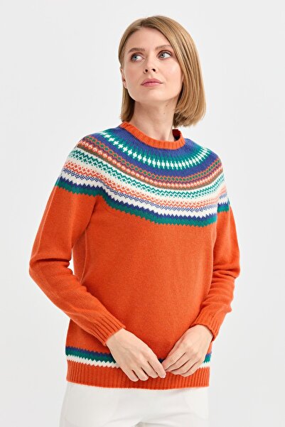 Desen Triko Γυναικείο πουλόβερ με λαιμόκοψη ζακάρ μάλλινο πορτοκαλί