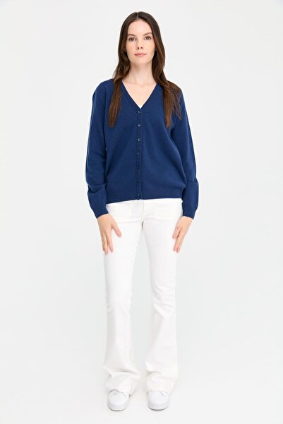 Desen Triko Wool Indigo Women's V-Neck Cardigan