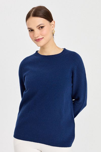 Desen Triko Women's Crew Neck Classic Wool Sweater Indigo