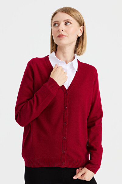 Desen Triko Γυναικεία ζακέτα με λαιμόκοψη V μάλλινη κεράσι