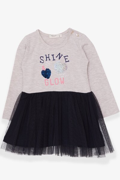 Breeze Kız Çocuk Uzun Kollu Elbise Pullu Yazı Baskılı 1.5-5 Yaş, Bej Melanj