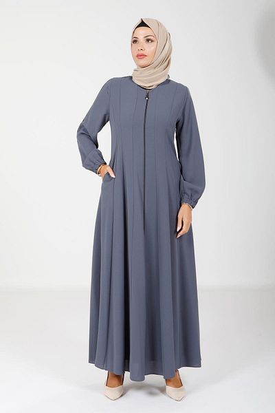 Beyza Smoke Colored Zippered Piping Detailed Side Pocket Ferace 3902