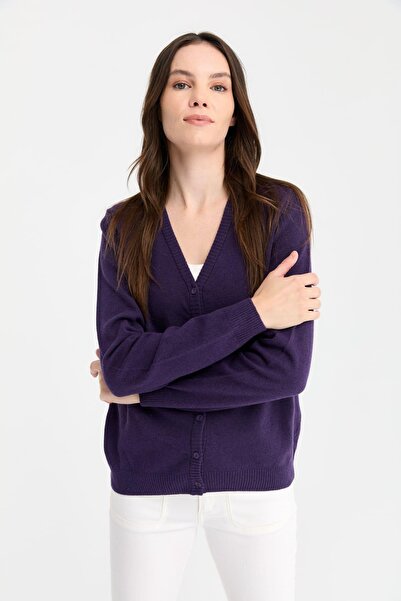 Desen Triko Wool K.Purple V-Neck Women's Cardigan