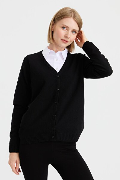 Desen Triko Γυναικεία ζακέτα με λαιμόκοψη V μάλλινη μαύρη