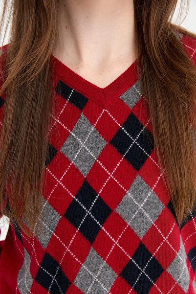Desen Triko V-Neck Baklaval Red Women's Wool Sweater