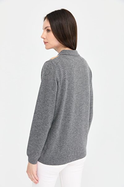 Desen Triko Smoke Colored Women's Polo Collar Wool Sweater - Beaked Front