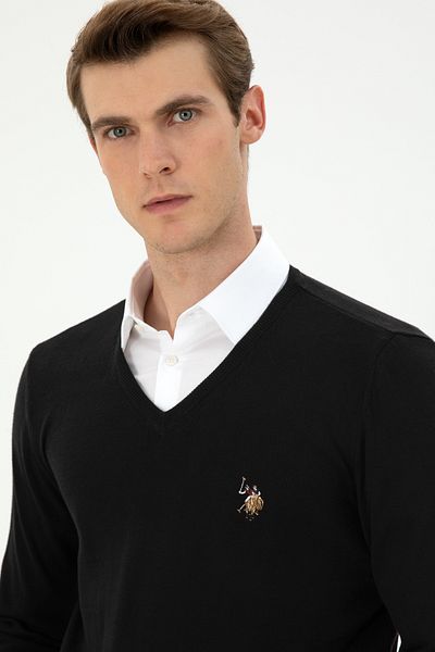 U.S. Polo Assn. Мъжки пуловер с V-образно деколте, в тънък черен цвят, 50288885-vr046