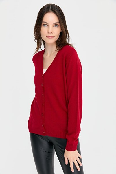 Desen Triko V-Neck Red Women's Cardigan - Wool K