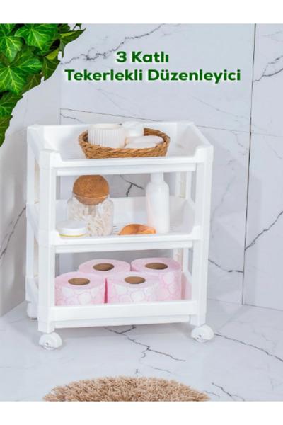 POWERMECH Tekerlekli 3 Katlı Düzenleyici- Banyo Mutfak Organizer Raf - 35,5 x...