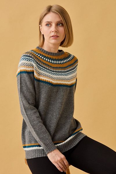 Desen Triko Pulover de damă din lână jacquard cu decolteu rotund, afumat