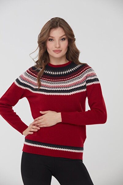 Desen Triko Women's Crew Neck Jacquard Wool Sweater Red