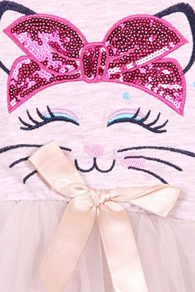 Breeze Kız Çocuk Uzun Kollu Elbise Kedi Nakışlı Pullu 1.5-5 Yaş, Bej Melanj