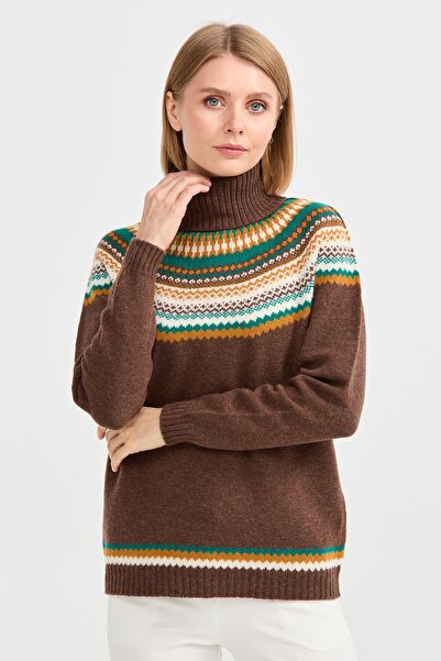 Desen Triko Γυναικείο μάλλινο πουλόβερ με πλήρες ζιβάγκο D.καφέ