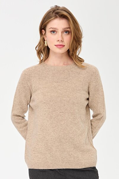 Desen Triko Γυναικείο Κλασικό Μάλλινο Πουλόβερ σε Μπεζ Χρώμα - Crew Neck