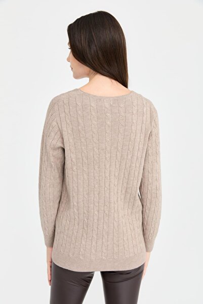 Desen Triko V-Neck Braided Seamless Women's Cardigan - Mink