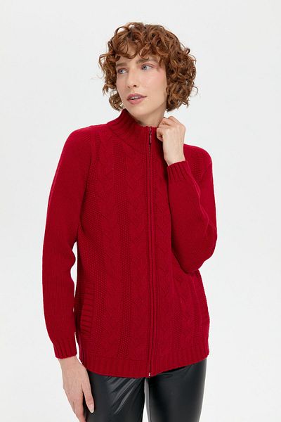 Desen Triko Cardigan roșu de lână pentru femei - guler vertical, împletitură de păr, fără cusături