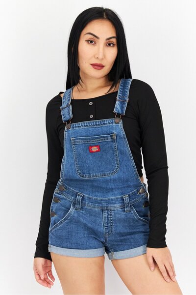 Dickies Women Square Neck Denim Playsuit, Mid Wash