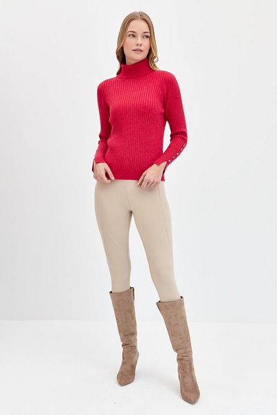 Desen Triko Red Women's Sweater - Full Turtleneck, Buttoned Sleeves