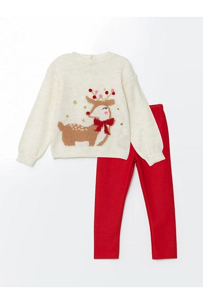 LC Waikiki Lcw Kids Cream Colored Crew Neck Girl's Sweatshirt and Leggings 2-Piece