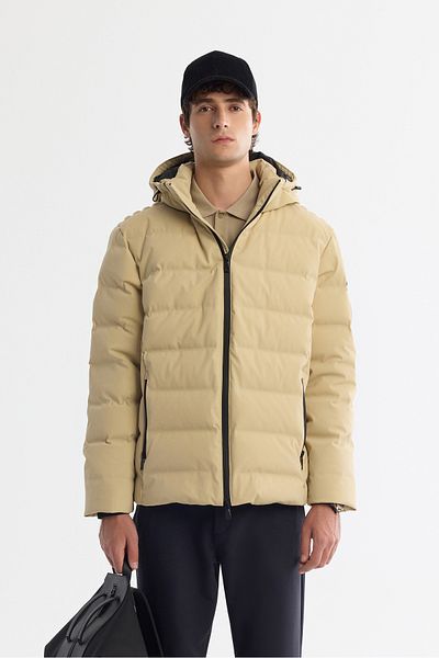 Avva Men's Beige Hooded Goose down Water Repellent Windproof Thermometer down Jacket A42Y6157