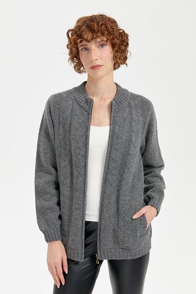 Desen Triko Smoke Colored Women's Wool Cardigan - Stand Collar and Hair Braid