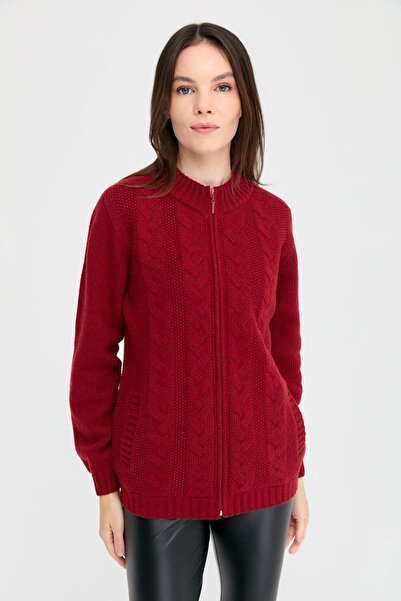 Desen Triko Women's Stand Collar Seamless Front Hair Braided Wool Cardigan V.Red