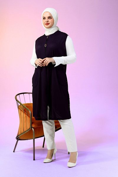 Ferace Women's Long Large Size Hijab Honeycomb Fabric Pocket Zippered Summer Vest Plum