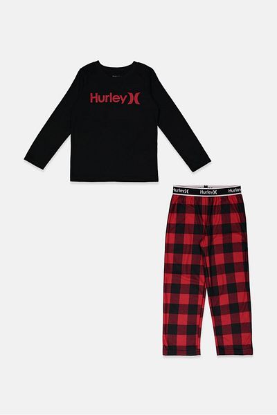 Hurley Kid Boys 2 Pieces Top And Pants Sleepwear Set, Black and Red