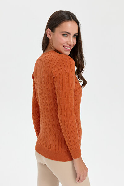Desen Triko Orange V-neck Seamless Hair Braided Women's Cardigan