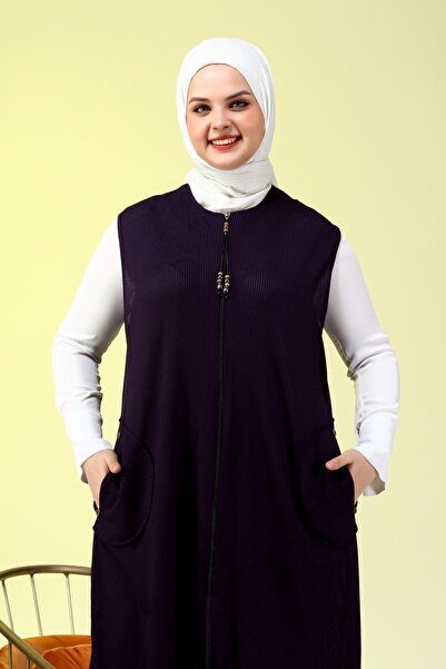 Ferace Women's Long Large Size Hijab Honeycomb Fabric Pocket Zippered Summer Vest Plum