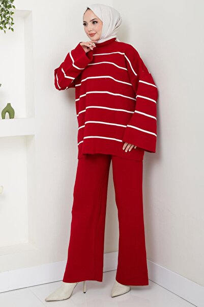 hafsamina Half Turtleneck Striped Knitwear Suit Red Hm2553