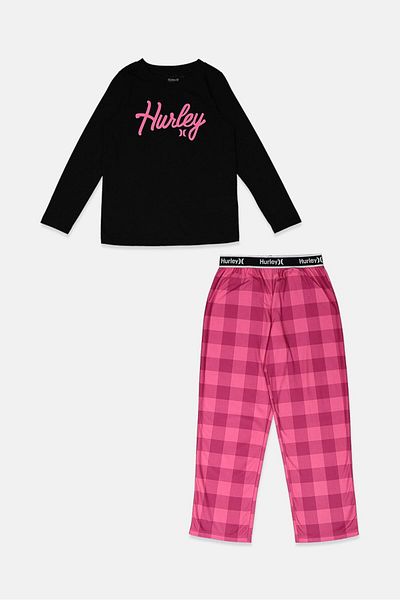 Hurley Kid Girls 2 Pieces Top And Pants Sleepwear Set, Black and Pink
