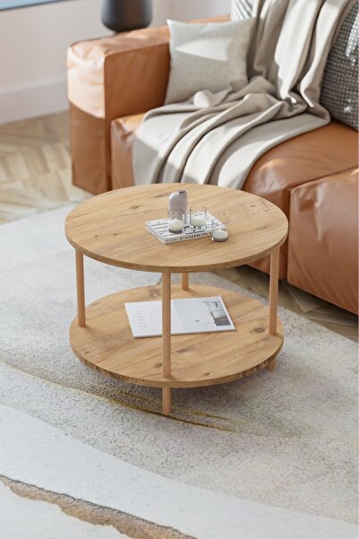 EGEMODÜLER Yuvarlak Orta Sehpa  Gazetelik Ahşap Ayaklı Sehpa İki Raflı Sehpa