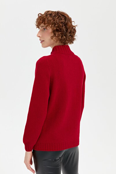 Desen Triko Red Women's Wool Cardigan - Stand Collar, Hair Braid, Seamless