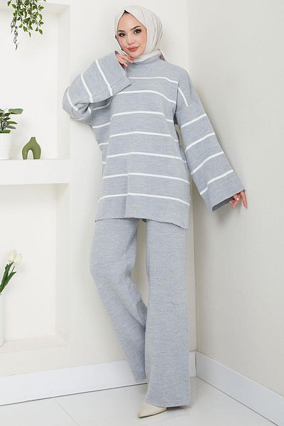 hafsamina Gray Striped Half Turtleneck Knitwear Set - Hm2553