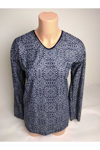 YAŞAR TRİKO Tricou din piele intoarsa albastru bleumarin cu decolteu in V - Bluza de sezon pentru mama cu maneca lunga