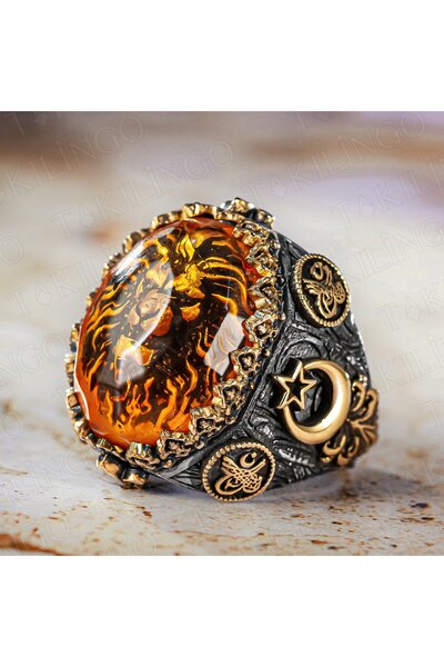 Takılingo 925 Ayar Gümüş 3D Aslan Motifli Ayyıldız İşlemeli Büyük Kasa Erkek Yüzük