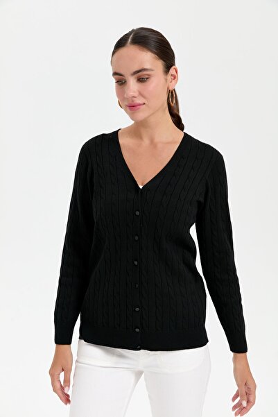 Desen Triko V-neck Women's Black Cardigan with Braid Hair - Seamless