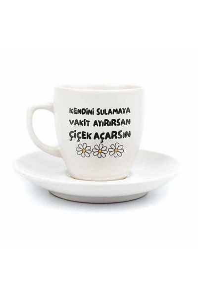 PALTO TASARIM If You Set Yourself Time to Water You Bloom Cream Turkish Coffee Cup - Gift Ceramic Turkish Coffee