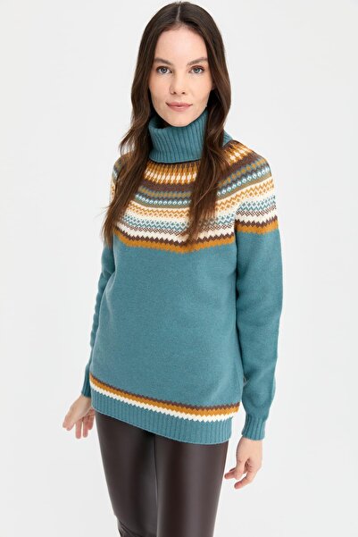 Desen Triko Γυναικείο ολόσωμο μάλλινο πουλόβερ με ζιβάγκο Πράσινο