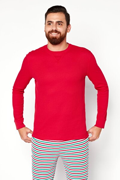 Family PJs Men 2Pieces Long Sleeve Textured Pajama Set, Red Combo